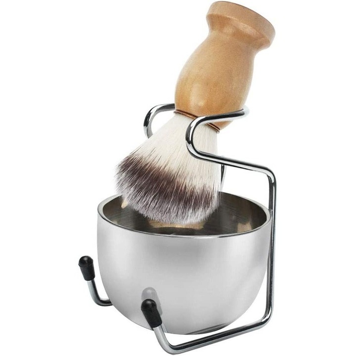 Set barbierit 3 in 1, perie par bursuc, suport inox, lemn, multicolor, 10x8.3x5.7cm