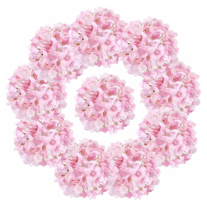 Set 10 flori artificiale hortensie roz cu tije detasabile 17x10cm