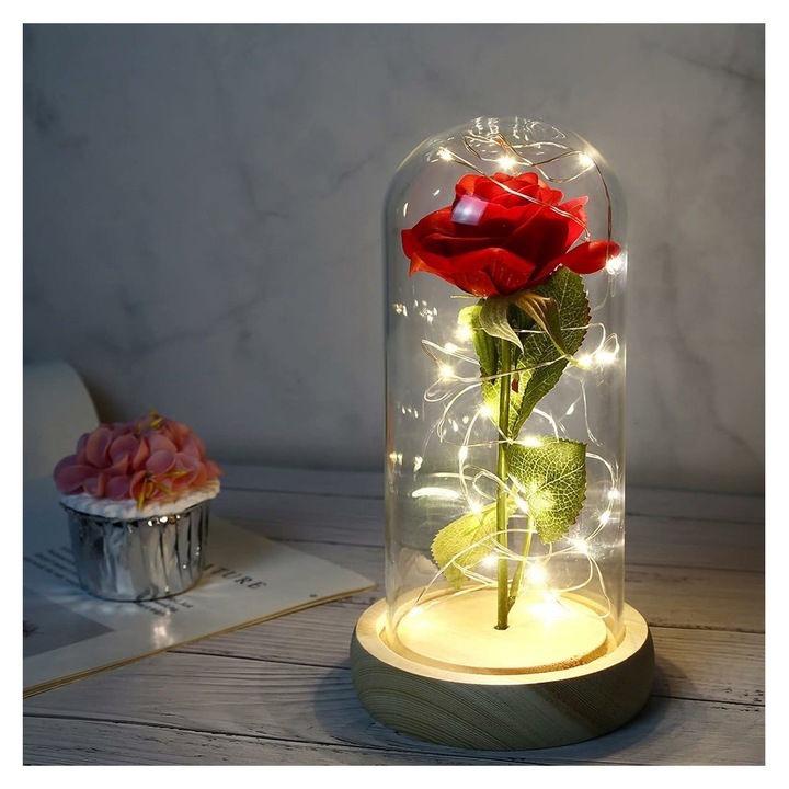 Trandafir artificial in cupola de sticla cu lumina LED, multicolor, 20x15cm