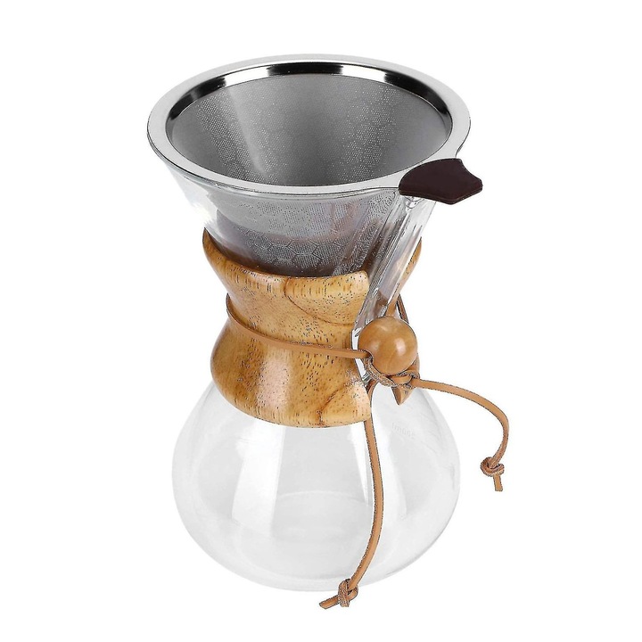 Cafetiera Pour Over cu filtru dublu din otel inoxidabil, sticla termorezistenta, 600ml
