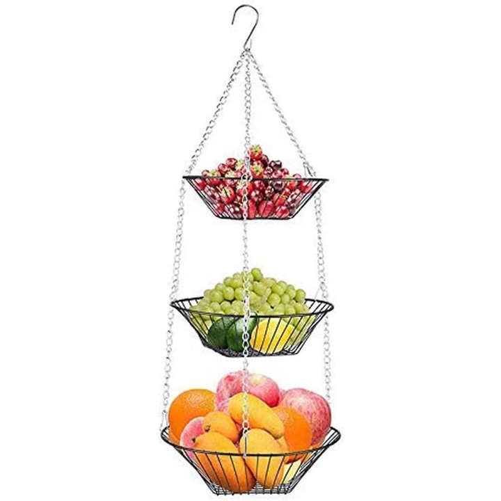Cos fructe suspendat, 3 straturi, metal, negru, 74x28cm