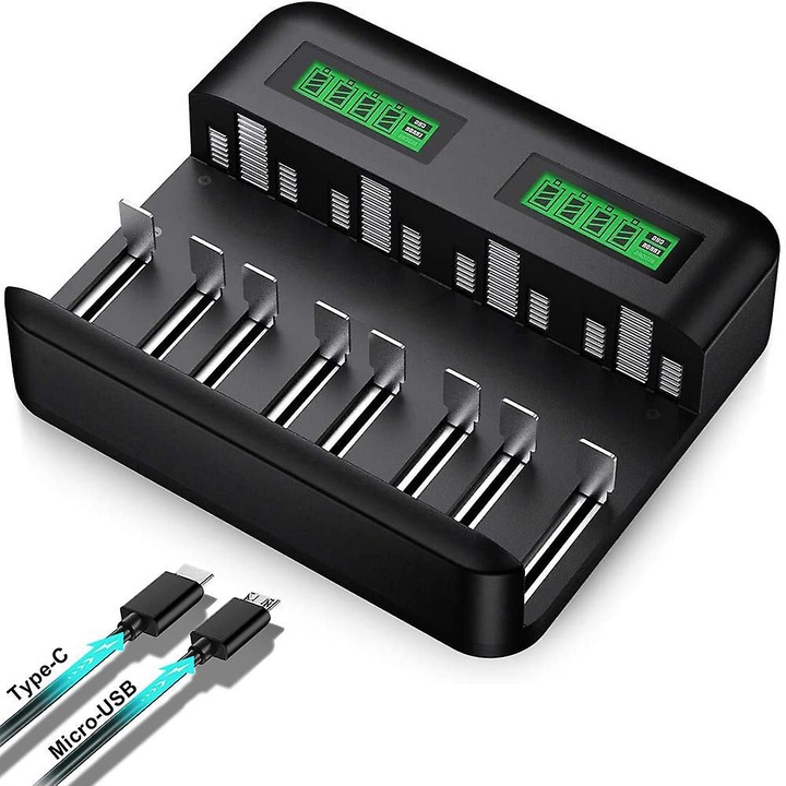 Incarcator universal baterii 8 sloturi LCD negru 14.3x12.4x3.7cm