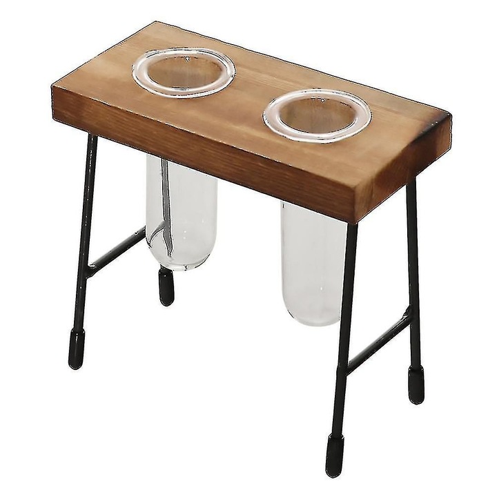 Set suport ghiveci sticla si lemn pentru plante hidroponice, transparent, natural, 1 set