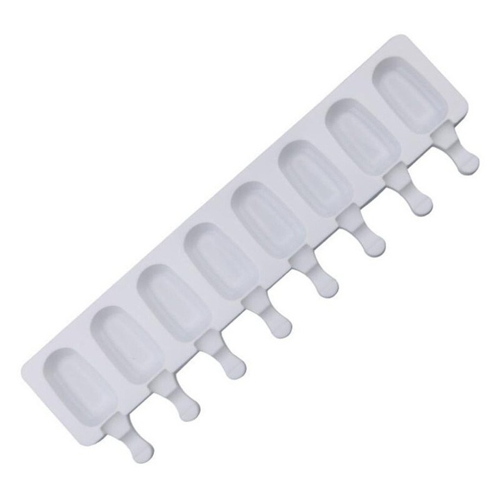 Forma de inghetata din silicon cu 8 cavitati si 50 betisoare, alb, 41.5x12.5x2cm