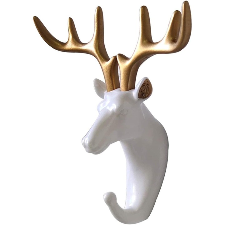 Cuier perete, carlige animale, alb auriu, 1 buc