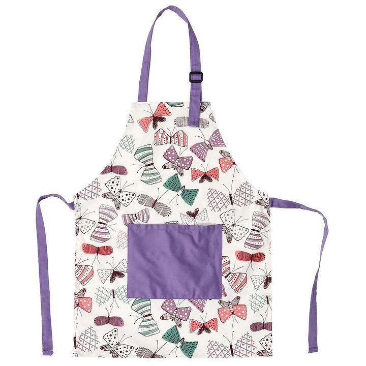 Sort copii bumbac gros cu buzunar mov fluture ajustabil 50x60cm