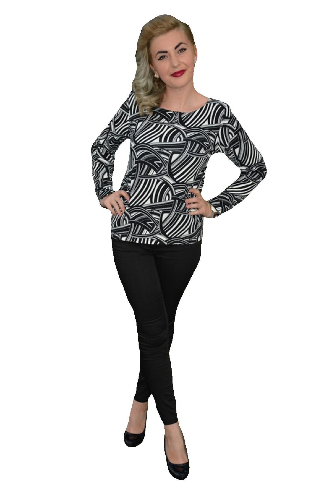 Bluza casual din material fin, cu maneci lungi,D&J Exclusive, Negru/Alb