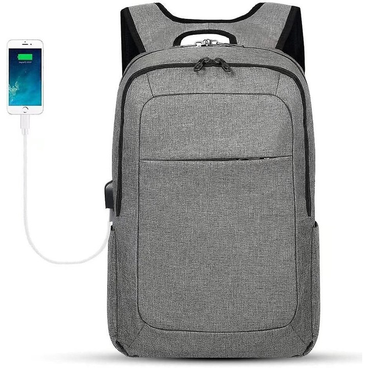 Rucsac laptop 15.6 inch, gri, 30x18x45cm, capacitate 23L, port USB, rezistent la apa