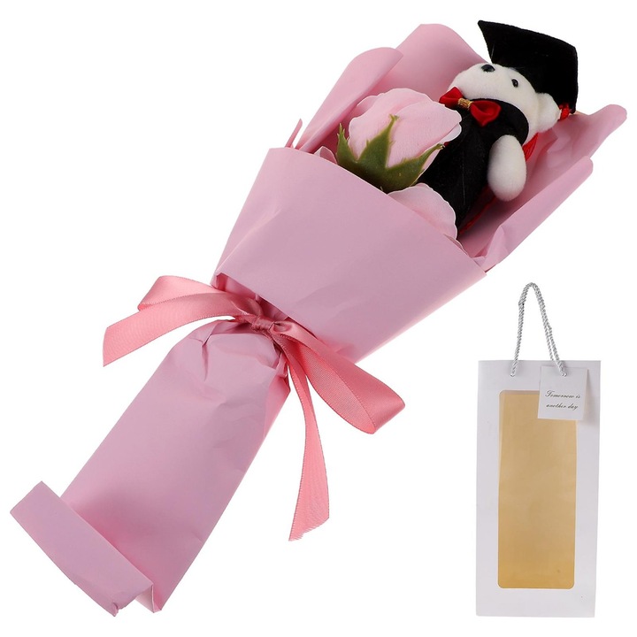 Buchet trandafiri sapun, ursulet, multicolor, 36x16x10cm, set
