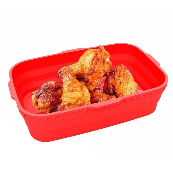 Tava de copt pliabila din silicon rosu 20x15.5x5.2cm pentru friteuza aer, rezistenta la caldura
