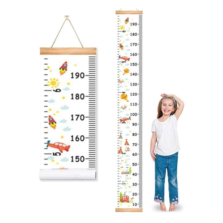 Cantar de crestere pentru copii, panou textil si lemn, 20x196cm, alb