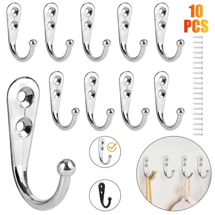 Set 10 cuiere metalice, rezistente, argintiu, 4.4x1.3x3cm