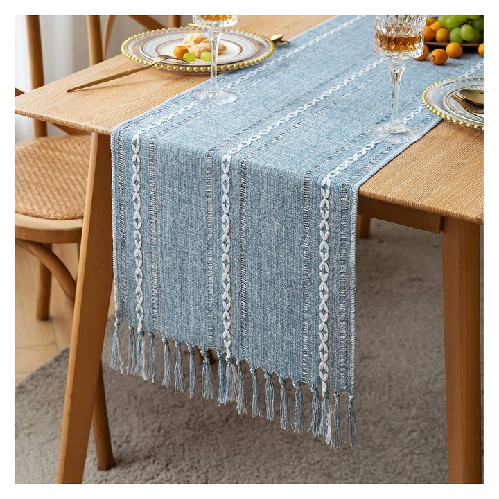Rusztikus asztali futó, pamut és len, boho, kék, 33x140cm