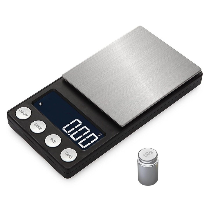 Cantar digital de buzunar mini, precizie 0.01g, ecran LCD, argintiu, 13.9x7.1x2.4cm