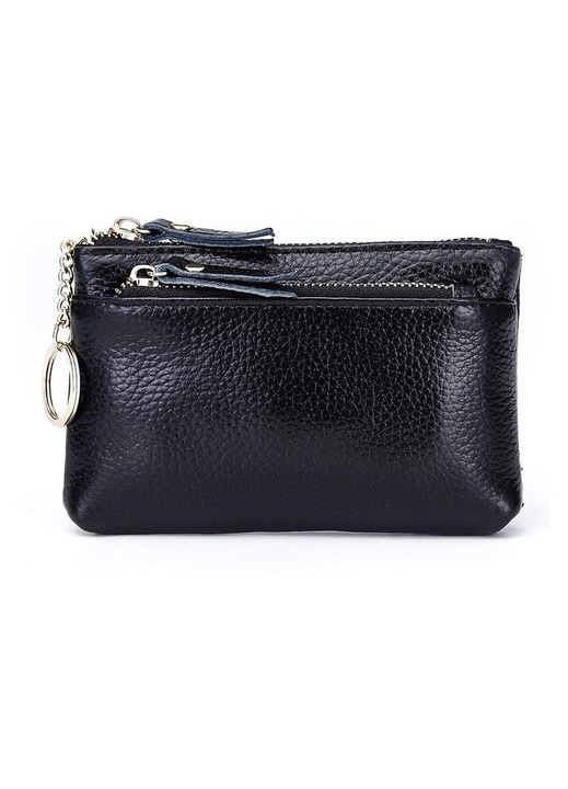Portofel dama piele negru 13x9x1.5cm cu fermoar si compartimente