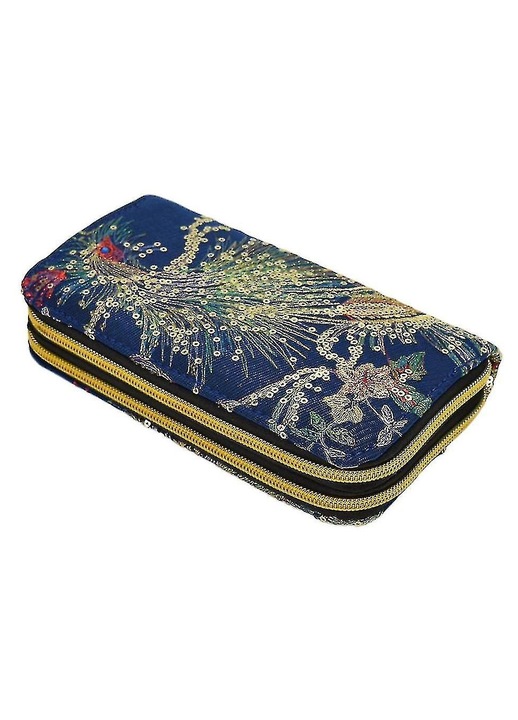 Geanta dama, broderie etnica, panza, albastru inchis, 20x11x4cm