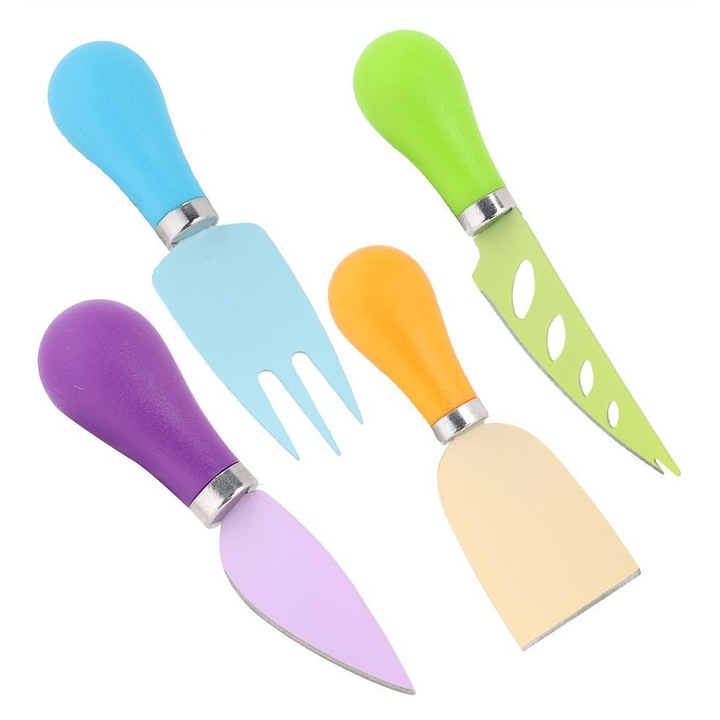 Set 4 feliatoare pentru branza pizza desert, manere colorate, inox, 4 tipuri