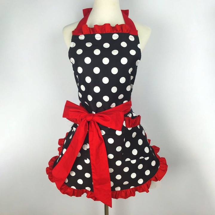 Sort bucatarie polka dot, ajustabil, cu buzunare, rosu roz albastru 62x72cm