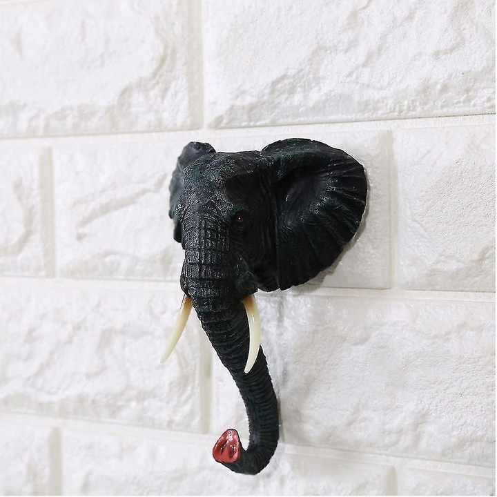 Cuier de perete decorativ cap elefant, rasina, vintage, 5kg, negru