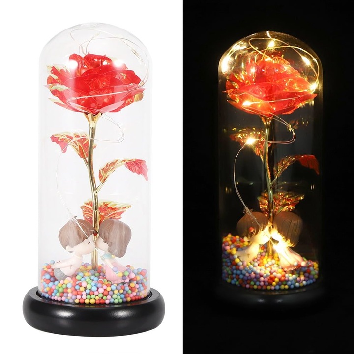 Floare de cristal cu LED in cupola de sticla, rosu, 26x14x14cm