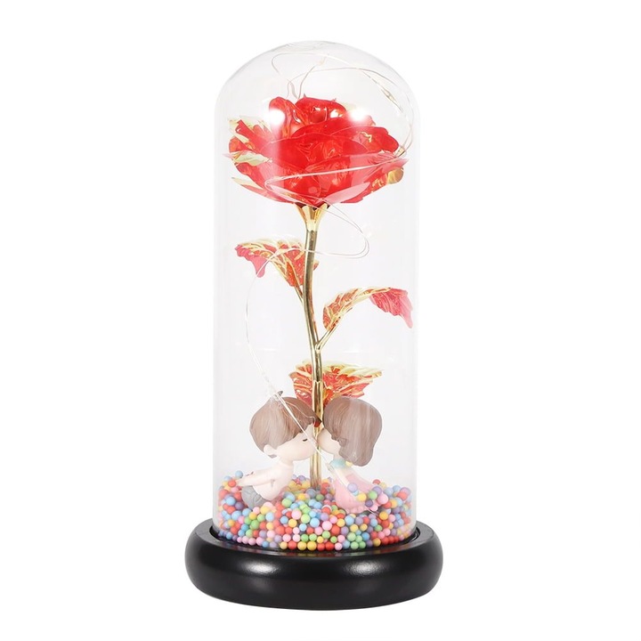 Floare de cristal cu LED in cupola de sticla, rosu, 26x14x14cm