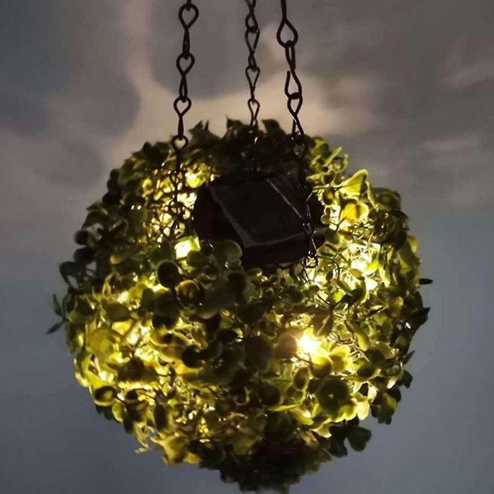 Lampa solara suspendata minge iarba, 34x20x20cm, alb cald, rezistenta la apa IP55