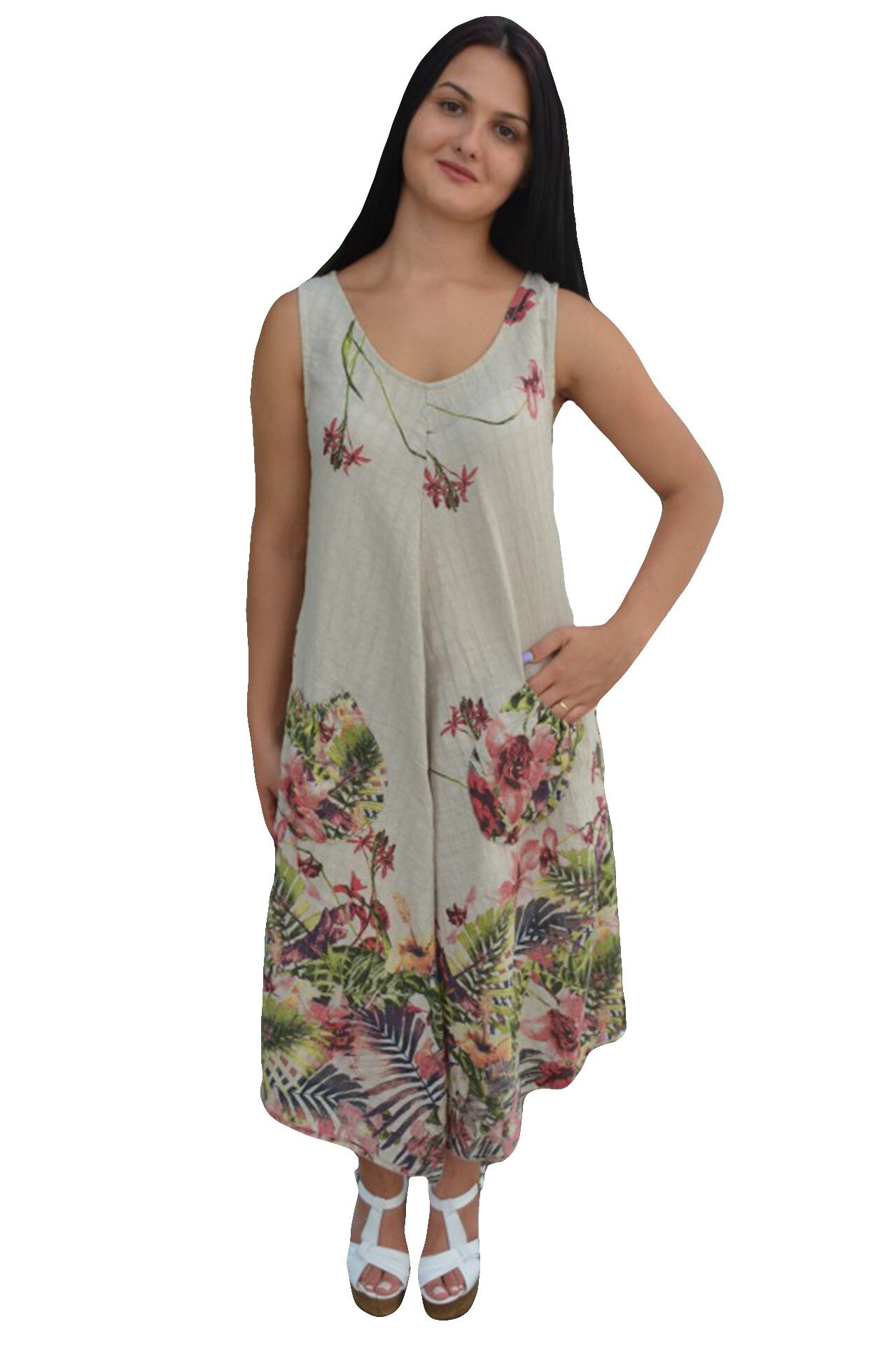 Rochie comoda fara maneca cu buzunare in fata, D&J Exclusive, Bej