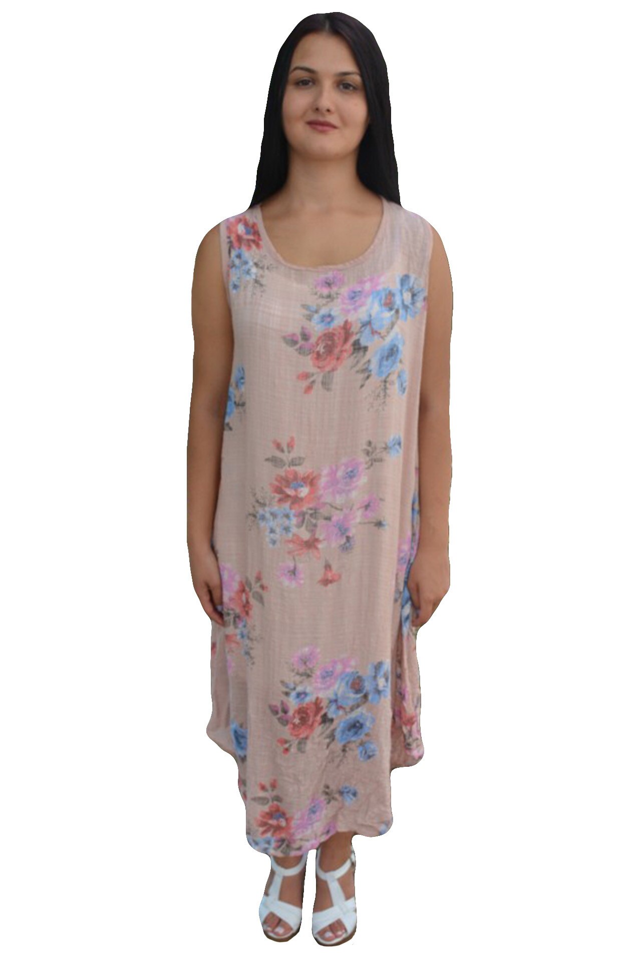 Rochie cu flori colorate , fara maneca , D&J Exclusive, pudra