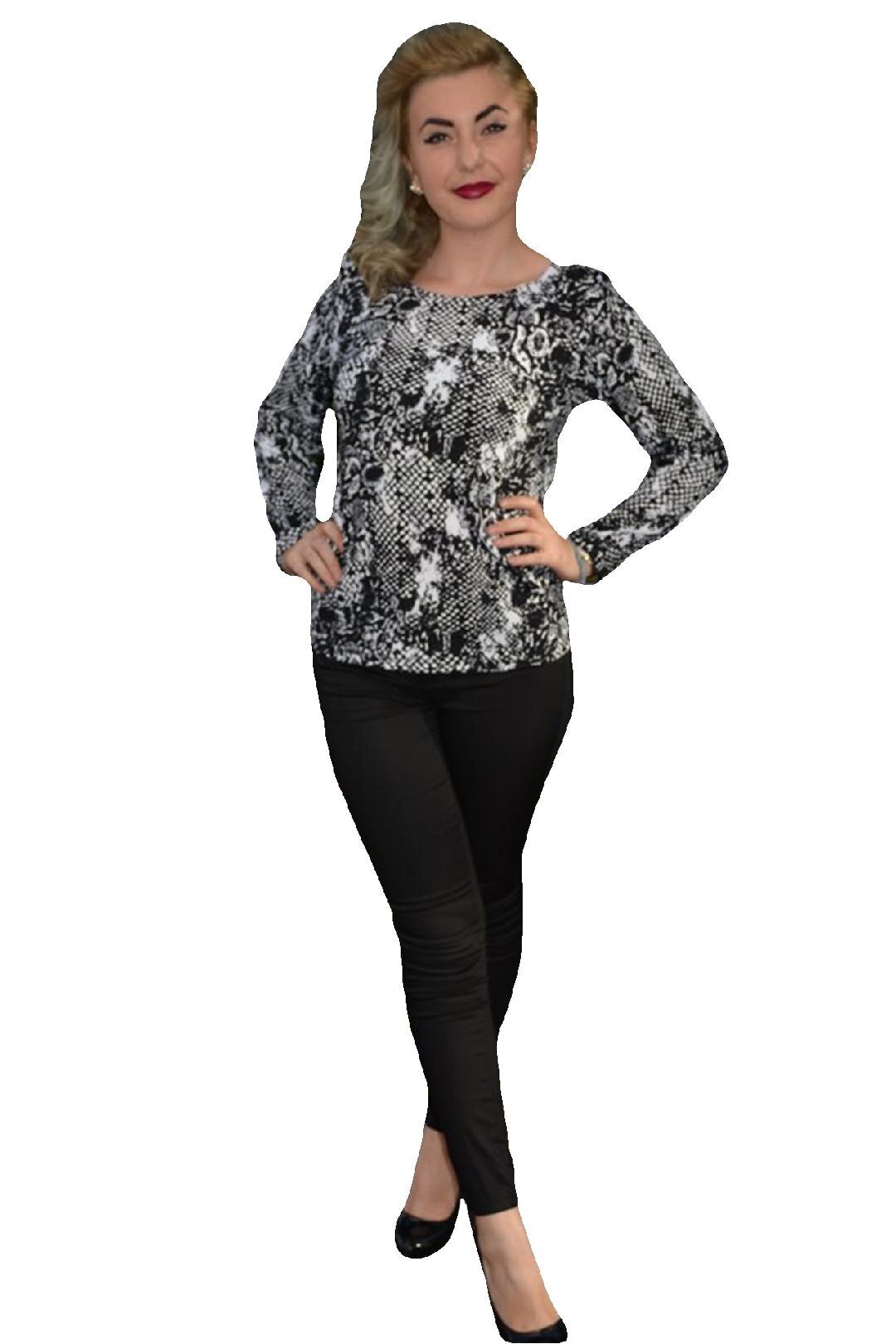 Bluza dreapta cu maneca lunga si decolteu rotund,D&J Exclusive, Negru/Alb