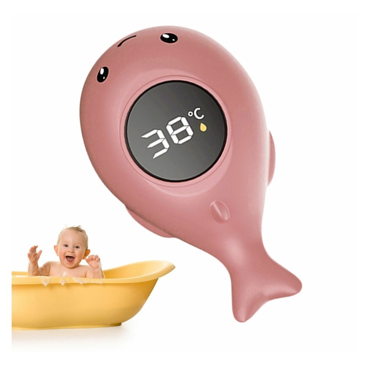 Baba fürdőhőmérő k0441-0721-QHeamg211989 modell, 3 színű LED kijelző, IPX7 vízálló, ABS bálna design, rózsaszín