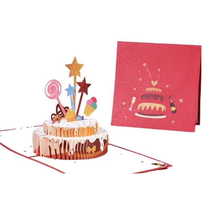 Felicitare 3D Tort Pop Up, OEM, multicolor, 15x15cm, set cu plic