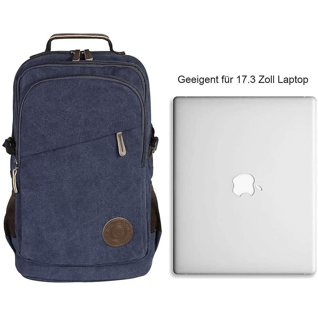 Rucsac din canvas si bumbac-poliester, cu compartiment pentru laptop si buzunare multiple, albastru inchis, 48 x 31 x 16 cm