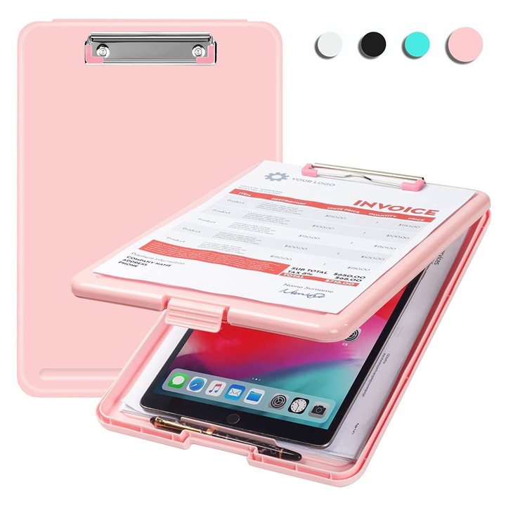 Clipboard cu depozitare roz, plastic, 34x24x2.3cm, capacitate 150 coli