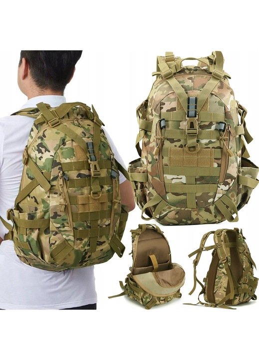 Rucsac tactic militar 30L, impermeabil, material 800D Oxford, sistem MOLLE, pentru hiking, trekking, camping, survival, vanatoare si activitati outdoor, model camuflaj Moro