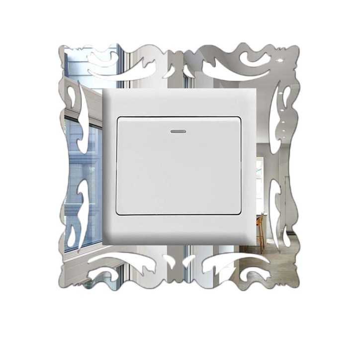 Autocolant decorativ pentru intrerupator ZYBLSSBB LSM2xh6454-BCS0008990-2, rama oglinda din acrilic cu model ornamental, efect oglinda argintiu, 15 x 14 cm