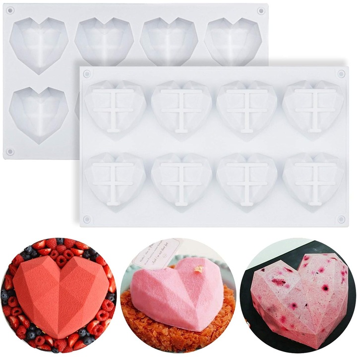 8 bucati de matrite din silicon pentru tort, forma de inima cu diamant, pentru copt, mousse de ciocolata, desert, tava de copt, baza de intarire, pachet de 2