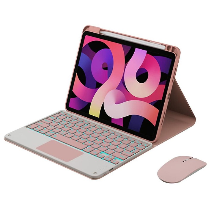 Husa tableta cu tastatura iluminata si mouse Bluetooth, multicolor, 28x20.5cm