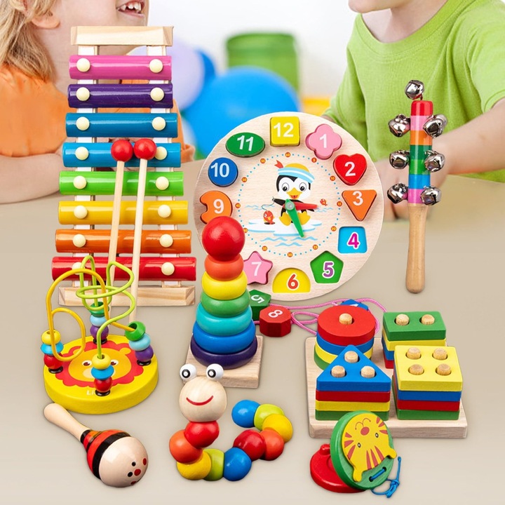 9 darabos Montessori fa hangszerkészlet, többszínű, 3-6 év