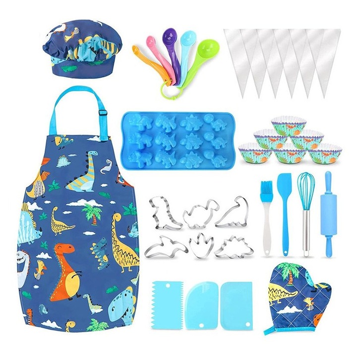 Set 11 piese copii, sort dinozaur si sapca bucatar, multicolor, 51x40cm