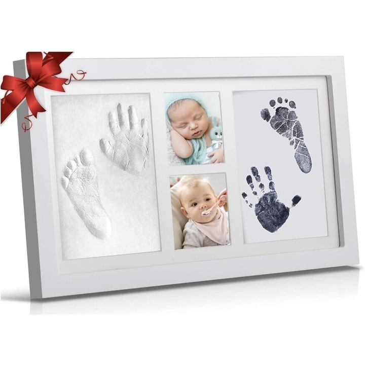 Rama foto amprente bebelus, kit lut non-toxic, lemn, alb, 20x15cm