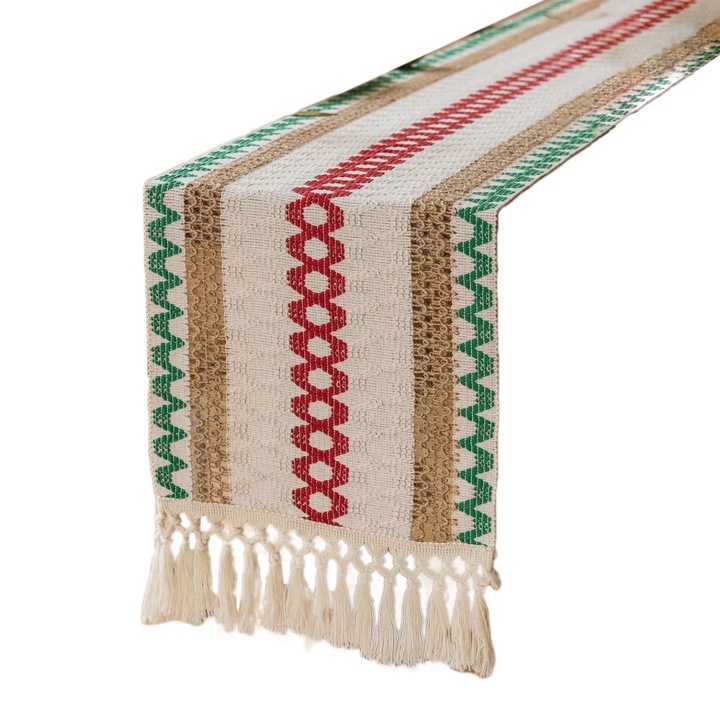Boho asztali futó rojtokkal, karácsonyi mintával K0473-0717-TMCJ-1830, többszínű, 35 x 183 cm