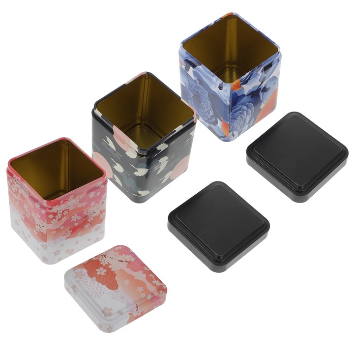 Set 3 cutii pentru depozitare ceai ZYBLSSBB din tabla, cu capac etans, multicolor, 8.5 x 7 x 7 cm