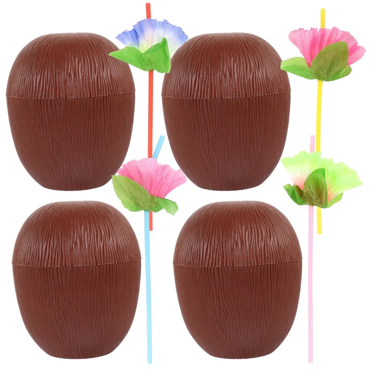 Set 4 cani YANYXR, forma nuca de cocos, cu pai, 500ml, 12.5x10.5x10.5cm, alb