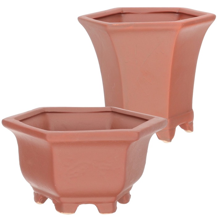 Set 2 ghivece ceramice teracota vintage, gauri drenaj, 10.5x10.5x9.5cm si 9.2x9cm