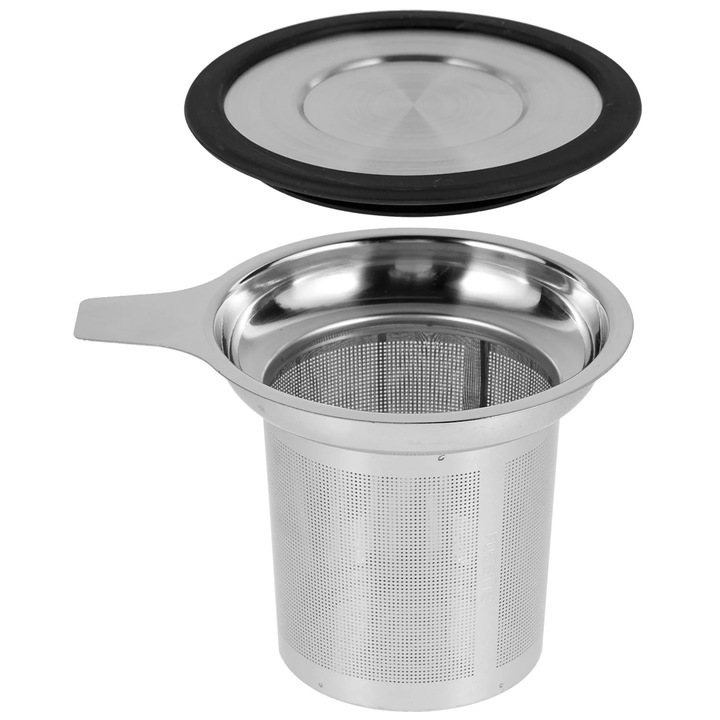 Infuzor ceai YANYXR metalic inoxidabil cu sita fina si capac 11x8.7x7.5cm