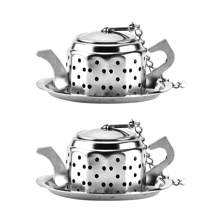 Set 2 infuzoare ceai din inox, forma ceainic, 3.3x3.3x2.5cm