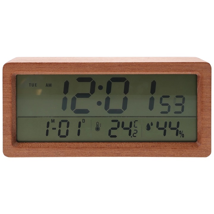 YANYXR multifunkcionális elektronikus óra, fa, hőmérséklet és páratartalom kijelző, 17x8x5cm