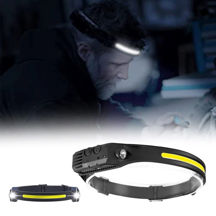 COB LED fejlámpa, mozgásérzékelő, újratölthető, fehér, 31cm