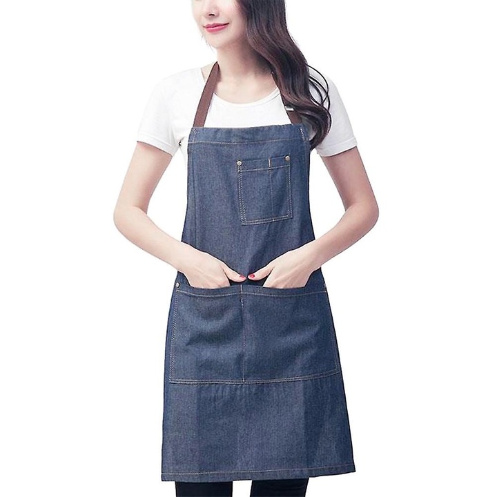 Sort bucatarie denim, reglabil, buzunar, albastru inchis, 74x65x0.5cm