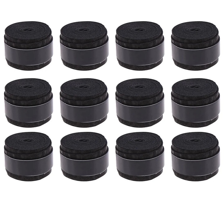 Set 12 buc Gripuri Overgrip YANYXR, antiderapant, negru, 110x2.5cm